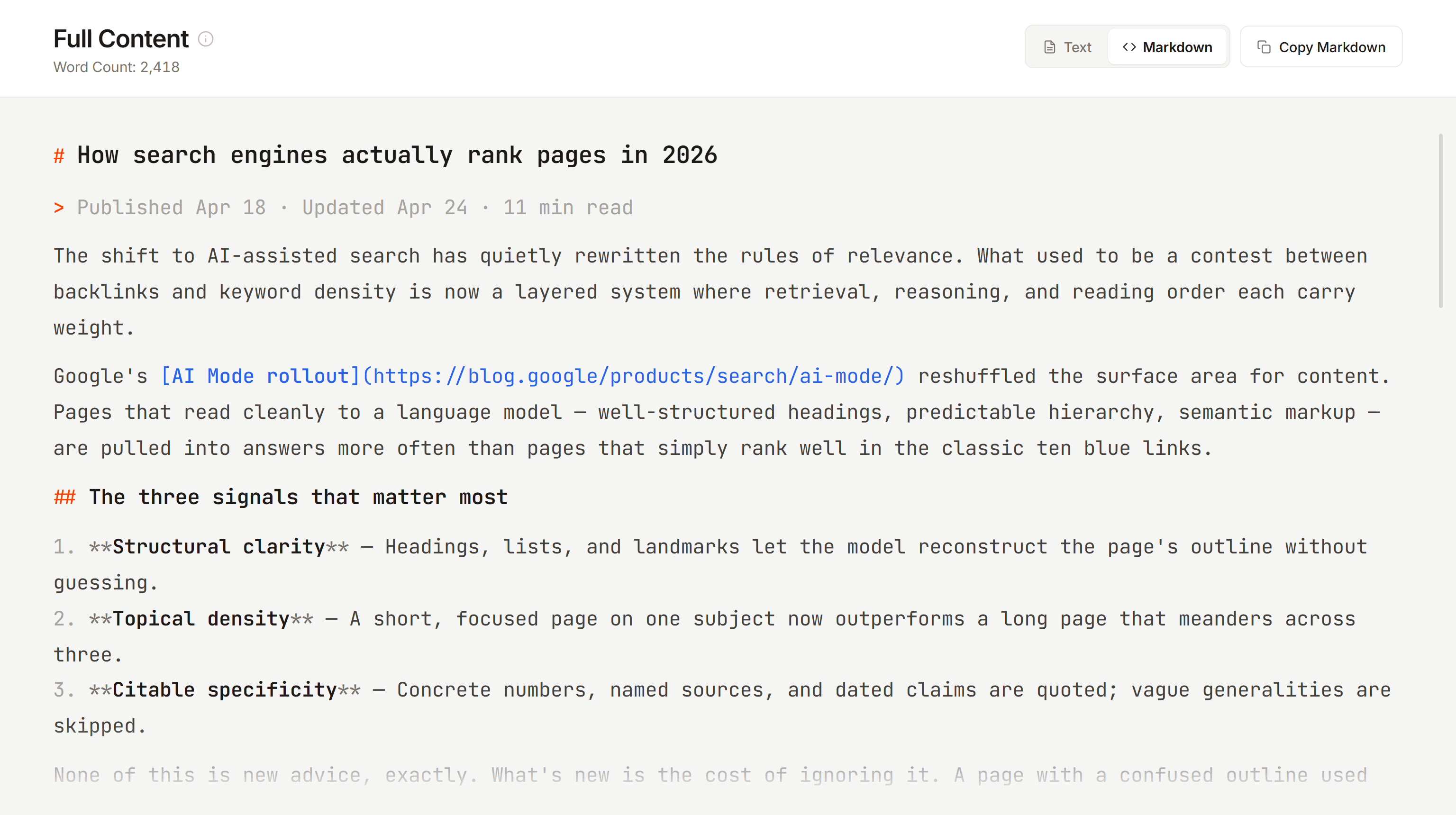 Page Signals Full Content tab in Markdown view, showing raw Markdown output with orange hash heading markers and JetBrains Mono monospace font