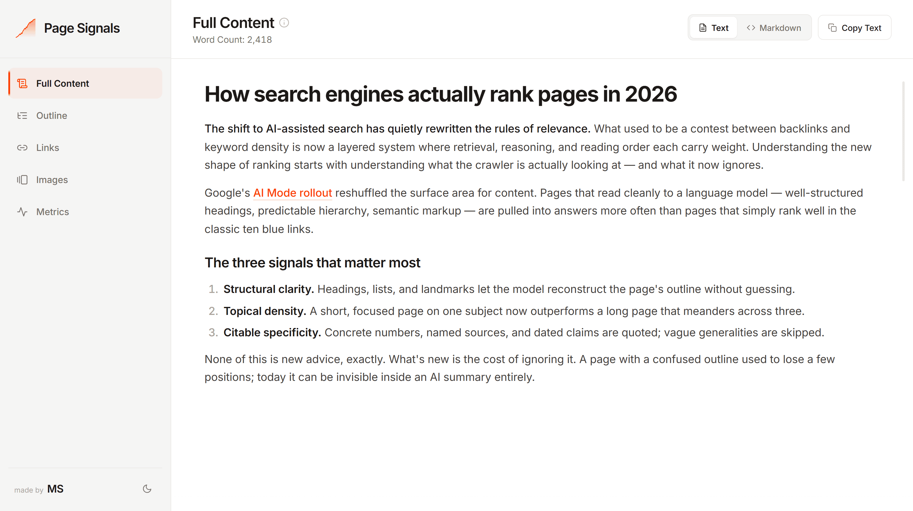 Page Signals Chrome extension showing the Full Content tab with extracted article text, sidebar navigation with all five tabs, and the Text/Markdown view toggle