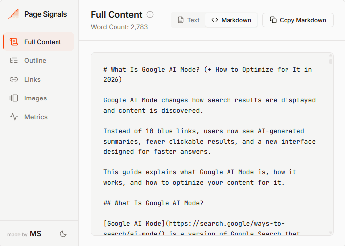 Page Signals Full Content tab — Markdown extraction view showing structured Markdown output