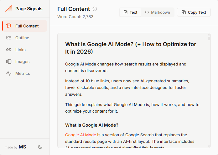 Page Signals Full Content tab — text extraction view showing clean article content