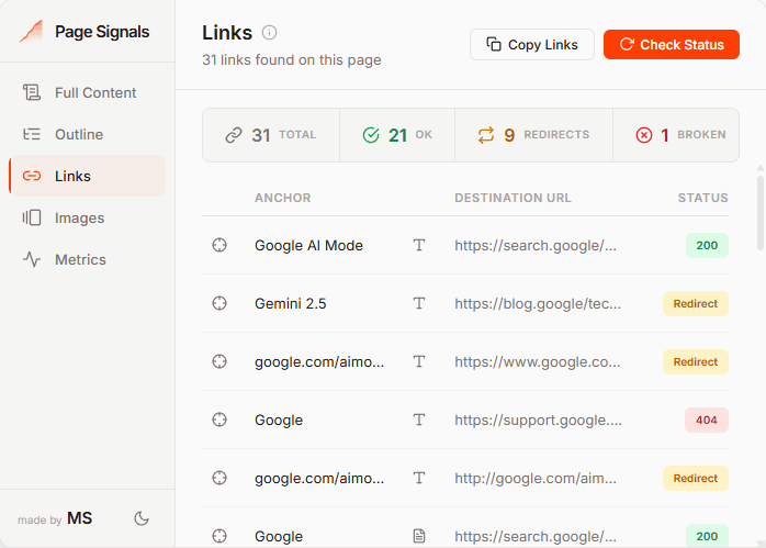 Page Signals Links tab — light mode showing link status checking with OK, redirect, and broken counts