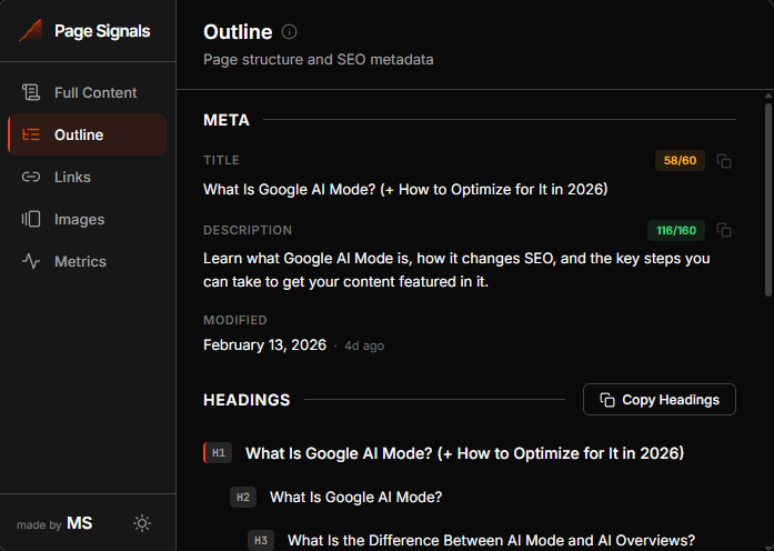 Page Signals Outline tab — dark mode showing title, description, and heading hierarchy