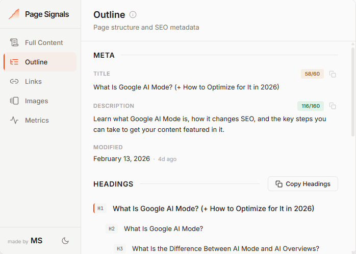 Page Signals Outline tab — light mode showing title, description, and heading hierarchy